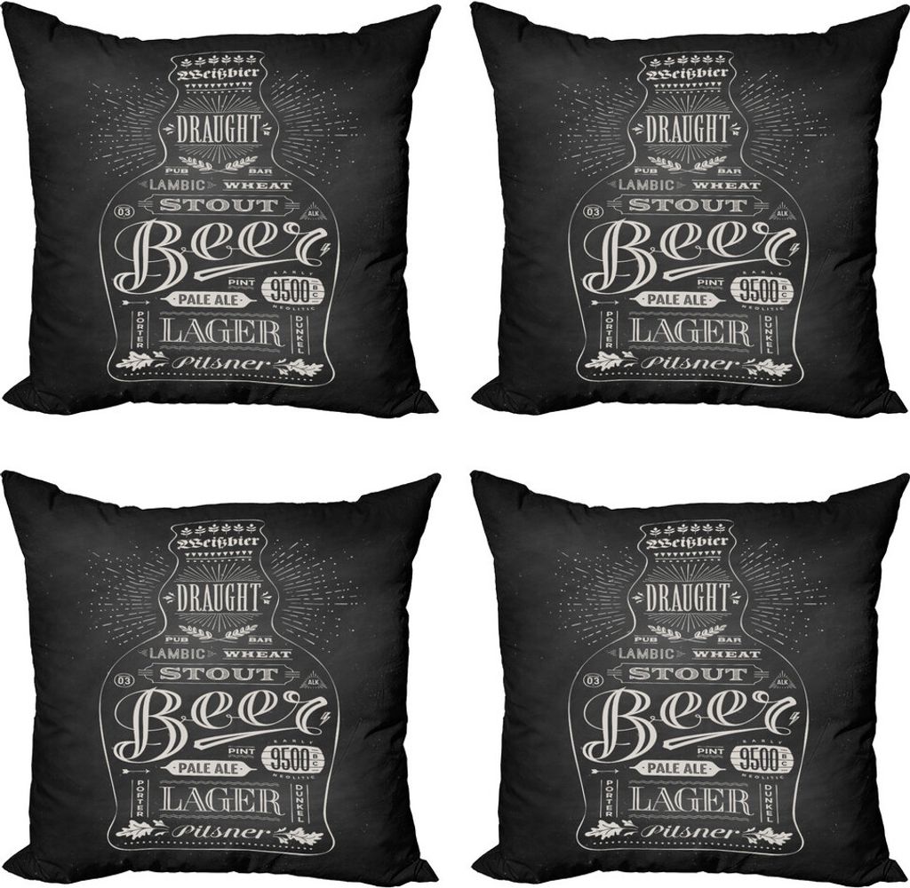 ABAKUHAUS Alkohol Kissenbezug Set (4 Stück), Bierflasche Beschriftung, Moderner Doppelseitiger Digitaldruck, 45 cm x 45 cm, Schwarz und Eggshell