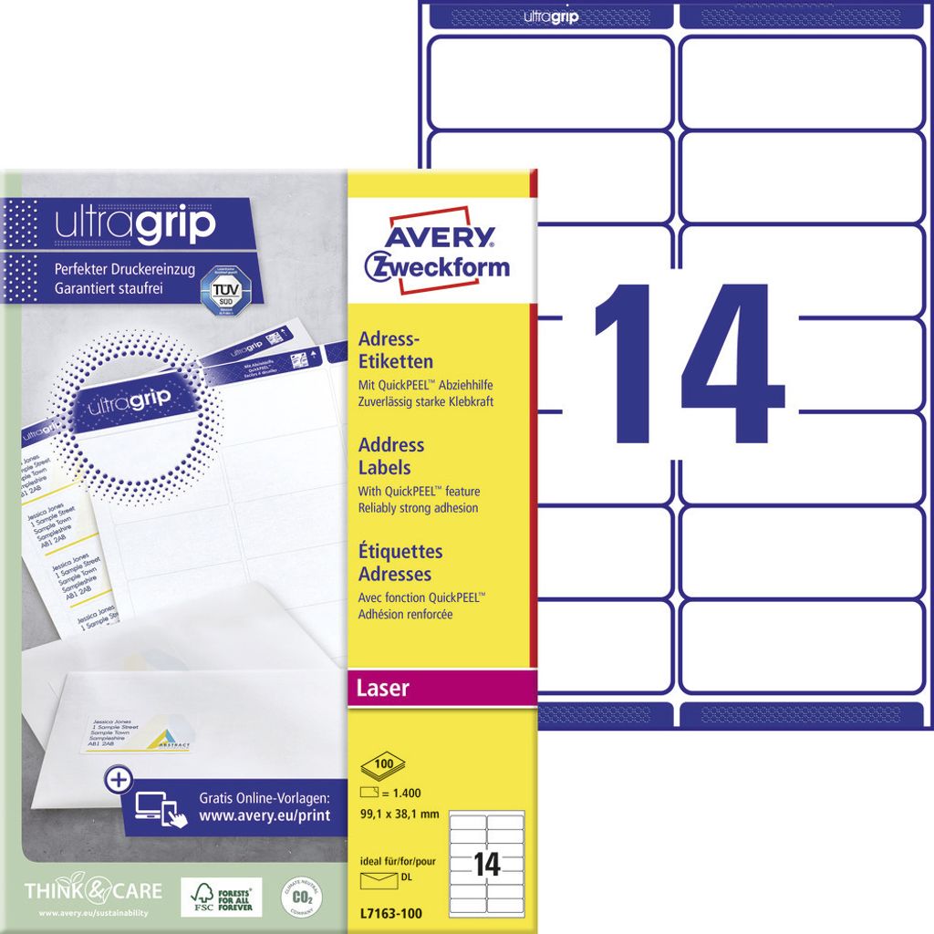 Avery Zweckform L7163-100 Adress-Etiketten, A4 mit ultragrip, 99,1 x 38,1 mm, 100 Bogen/1.400 Etiketten, weiß