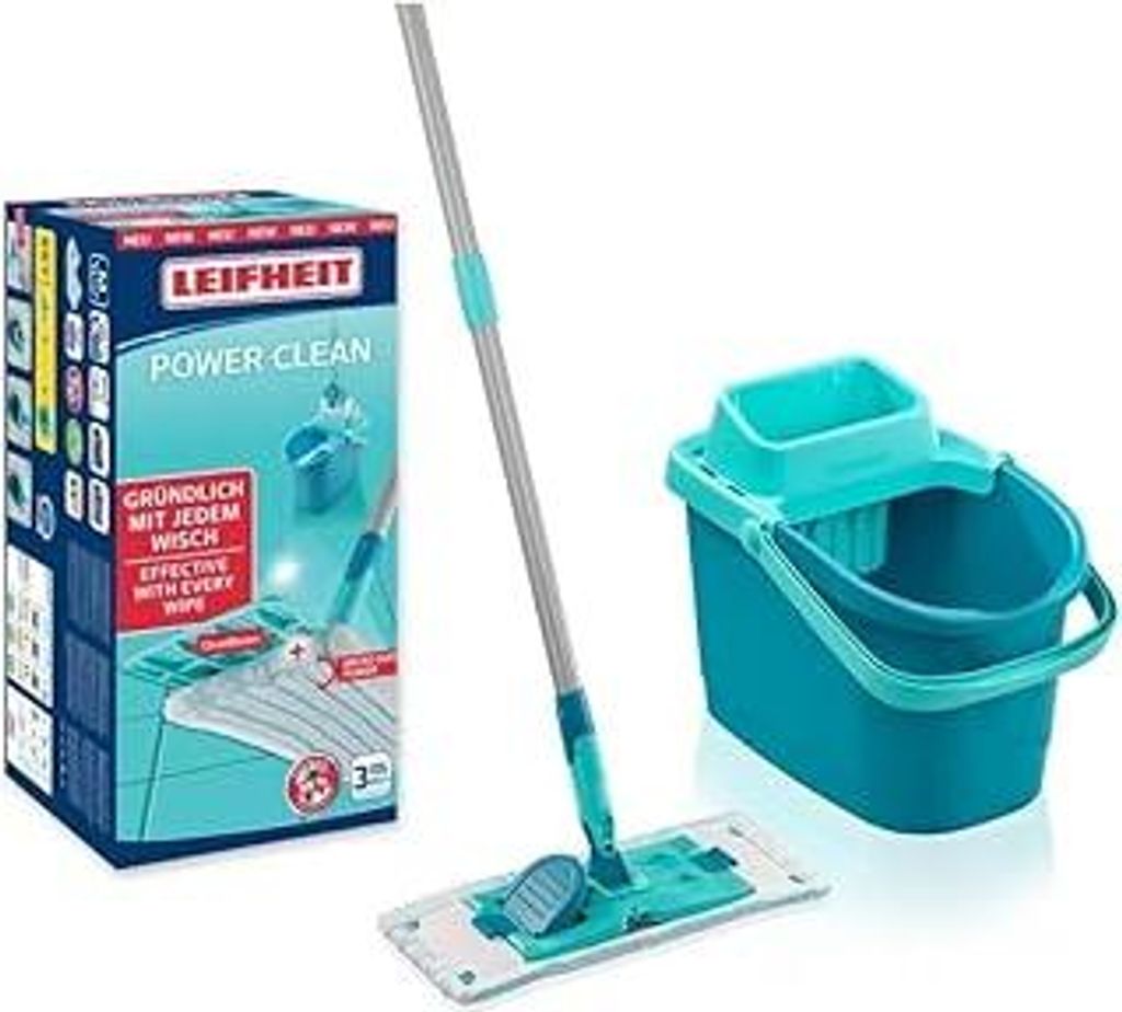 Leifheit Set Power CLEAN, Wischer für Alle, rückenschonender Bodenwischer mit Reinigungsklingen, Wischtuchpresse zum Auswringen, Wischmopp Set mi...