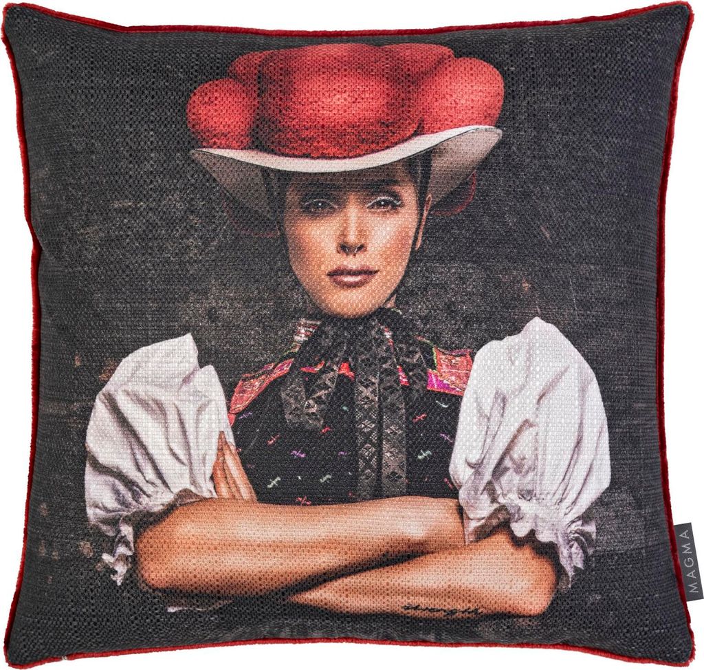 A cushion cover featuring a portrait of a woman in traditional attire.