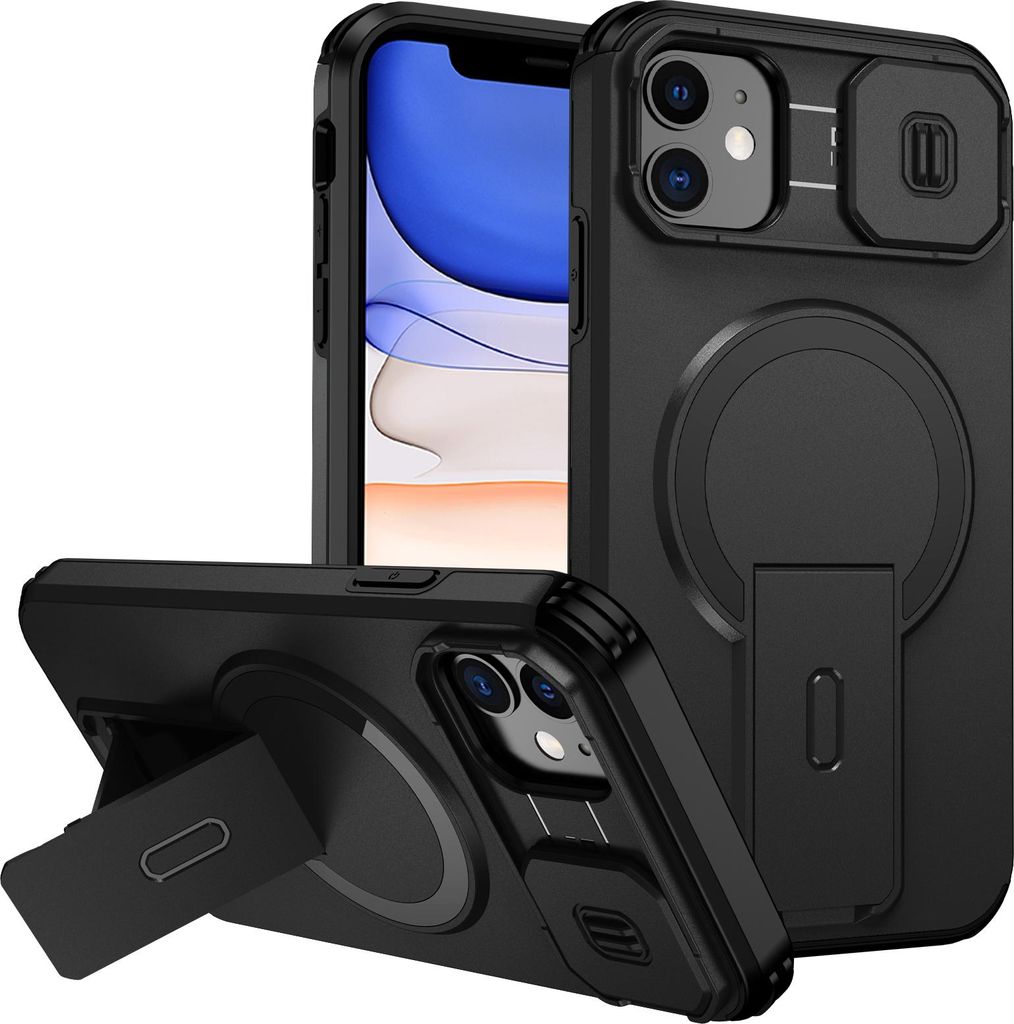 A black iPhone case with a kickstand and camera cover is shown against a white background.