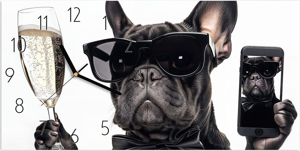 Wanduhr aus Glas mit Motiv Sonnenbrillenhund- 60 x 30 cm - inkl. Aufhängesystem