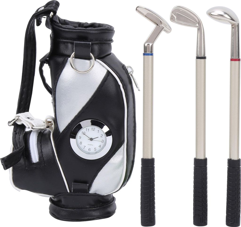 Mini Desktop Golf Bag Stiftuhr Zink -Legierung Kunstleder mit Stiften Souvenir Set Giftblack Silber