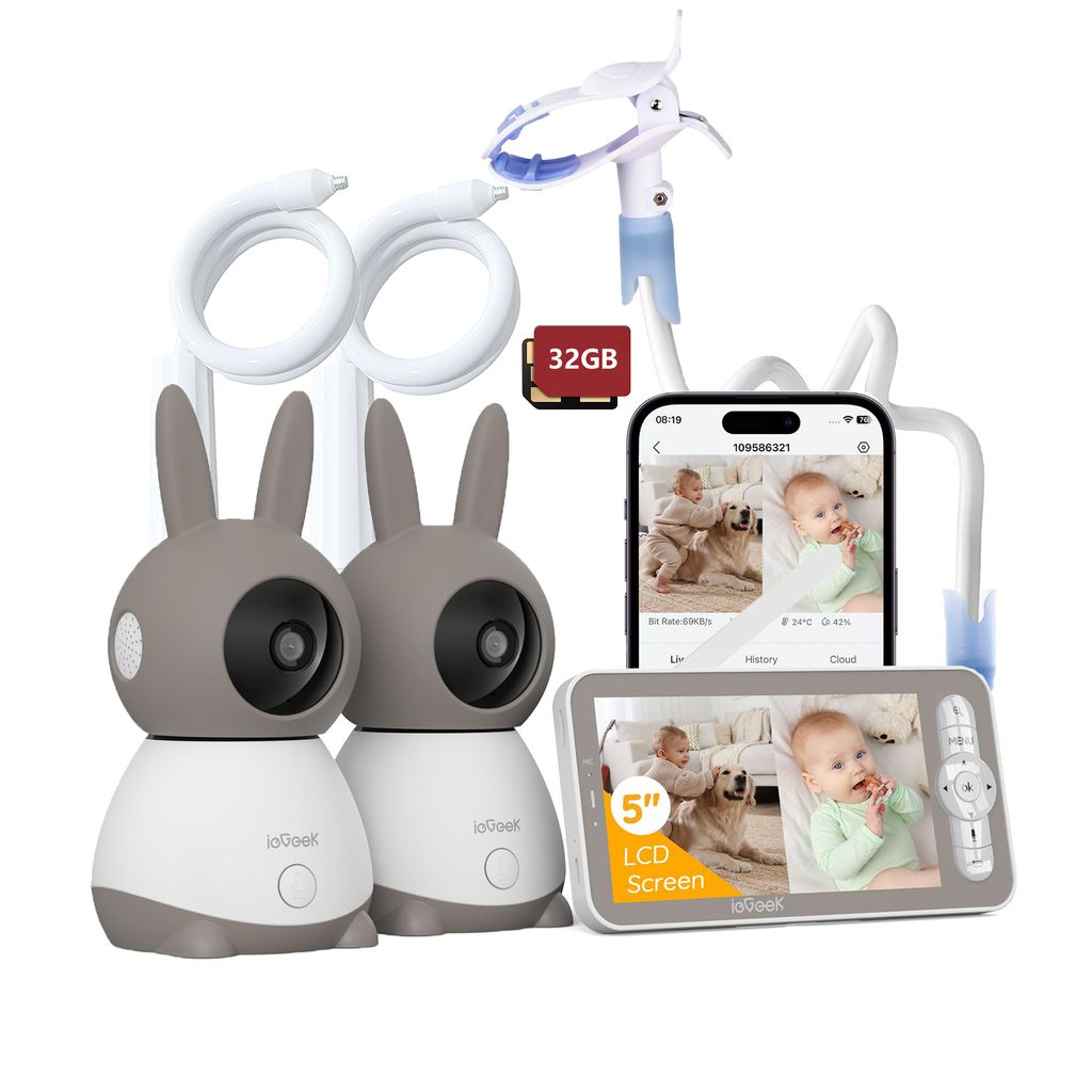2K-Babyphone mit 2 Kameras PTZ 355°, 5" Babyphone mit automatischer Verfolgung, Schreierkennung, Zwei-Wege-Sprache, Kameraständer, Monitorstände...