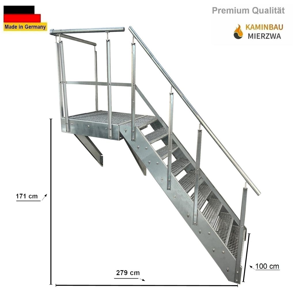 Podesttreppe Wangen- Stahltreppe 9 Stufen Höhe 171cm inklusive Podest 100x100cm mit Geländer Verzinkt / Ausrichtung Treppe Rechts / Aussentreppe