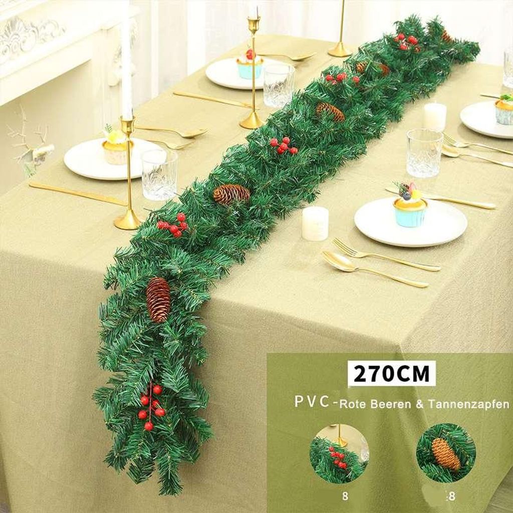 Weihnachtsgirlande 2,7m Künstliche Tannengirlande Deko PVC Für Zuhause & Schaufenster, Rote Beeren & Tannenzapfen