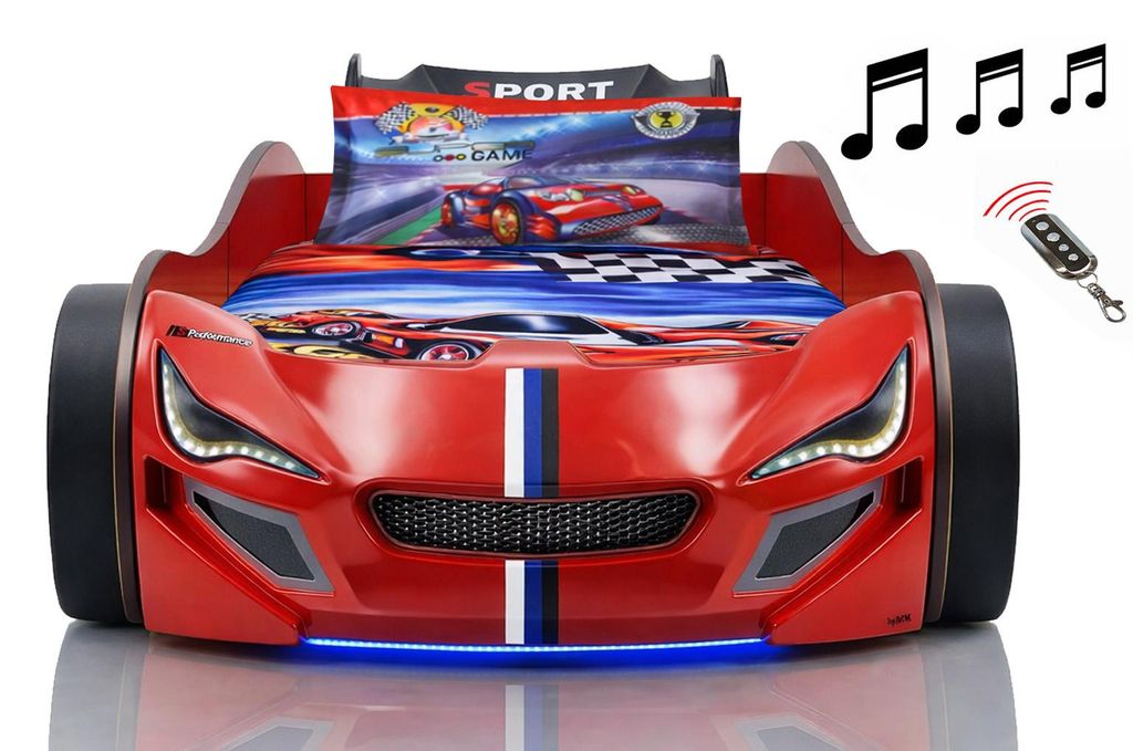 Autobett Kinder 90x200 Jungen LED Leuchte Unterbodenbeleuchtung Sound Fernbedienung, Farbe wählen:Rot, Sportsitze:ohne Sportsitze, Matratze:inkl. ...