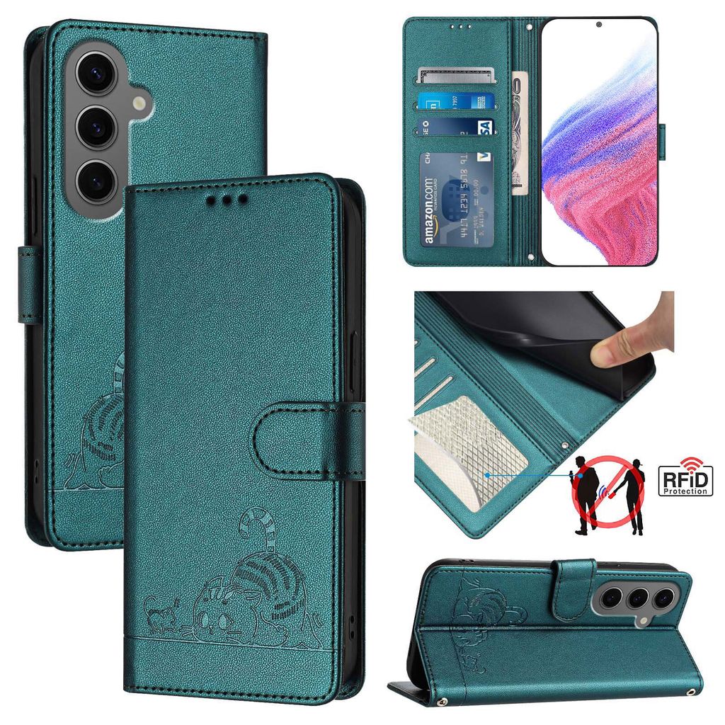 Leder Hülle für Samsung Galaxy S25 FE Süße Katze Flip Case Brieftasche Schutzhülle mit Standfunktion Grün