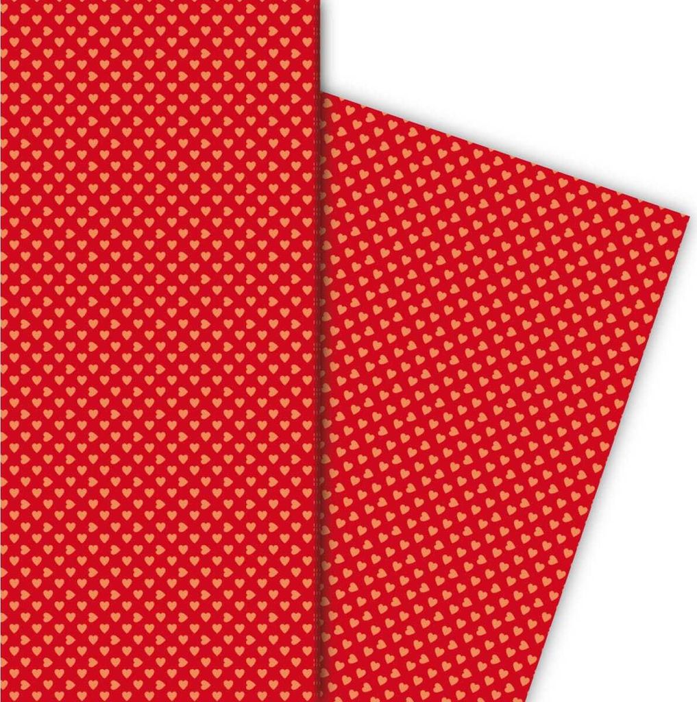 Romantisches Geschenkpapier mit kleinen Herzen orange auf rot - G5386, 32 x 48cm