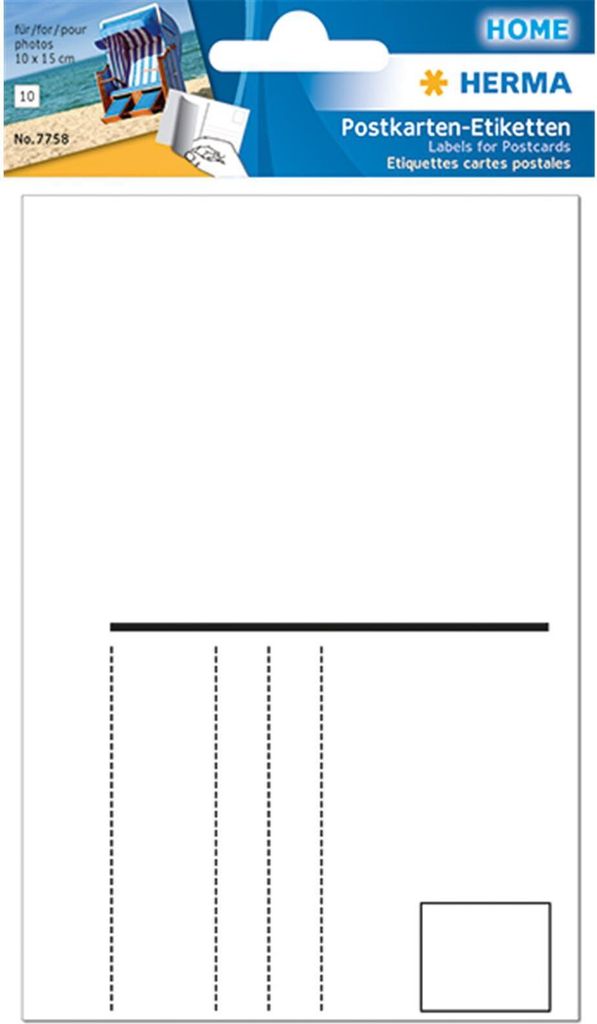 The image shows the packaging of HERMA Postkartenetiketten.