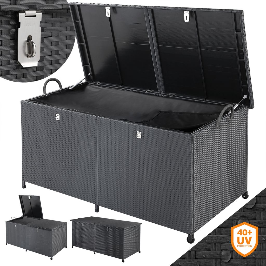 CASARIA Gartenbox XXL Polyrattan Wetterfest 625L UV-beständig Griffe Rollen Gasdruckfeder Garten Wintergarten Auflagenbox Kissenbox 150x77cm Sch...