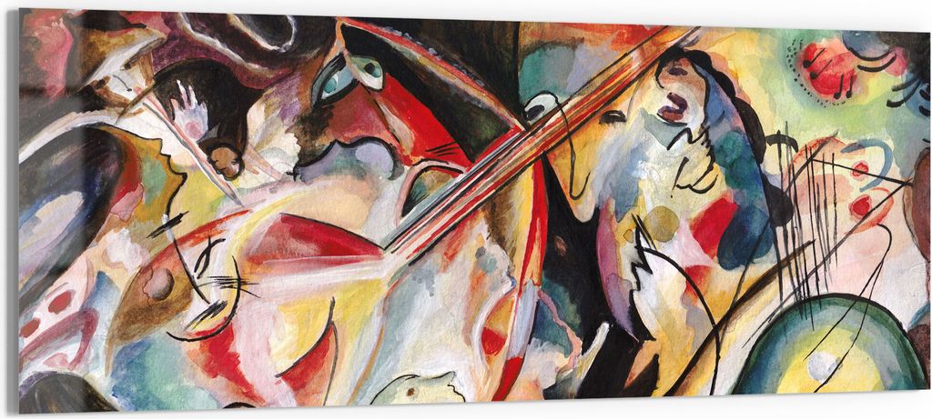 DEQORI Glasbild Echtglas 125x50 cm 'Konzert im Kadinsky-Stil' Wandbild Bild modern Deko