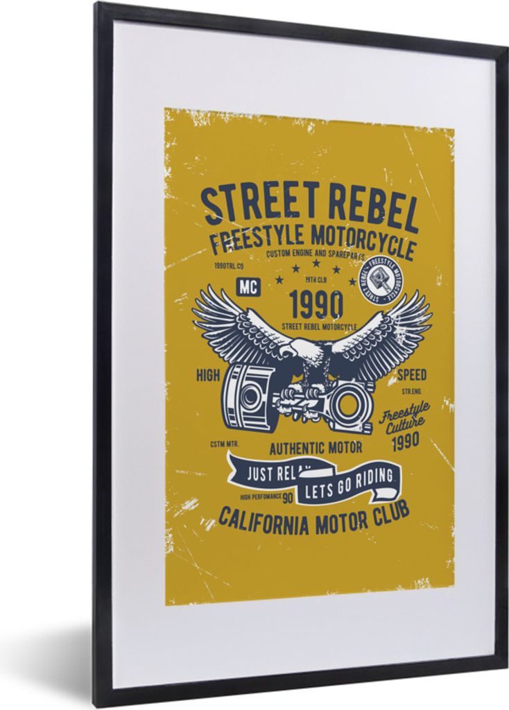 MuchoWow MuchoWow Gerahmtes Poster Motorrad - Vogel - Retro 40x60 cm - Poster mit zchwarzem Bilderrahmen - Poster in Rahmen