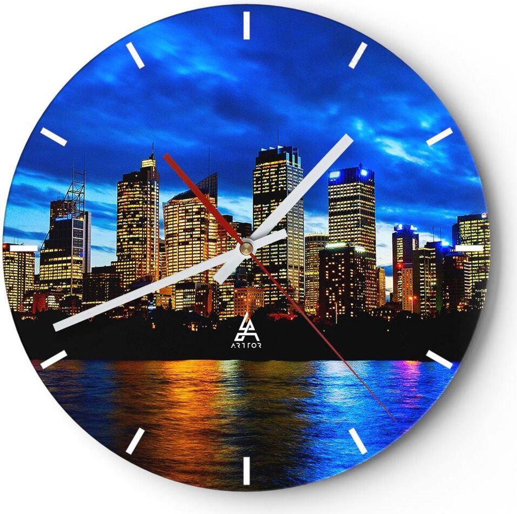 Wanduhr - Rund - Glasuhr - Australien Nacht Stadt Wolkenkratzer - 40x40cm - Schleichendes Uhrwerk - Lautlos - zum Aufhängen bereit - Dekoration Mo...