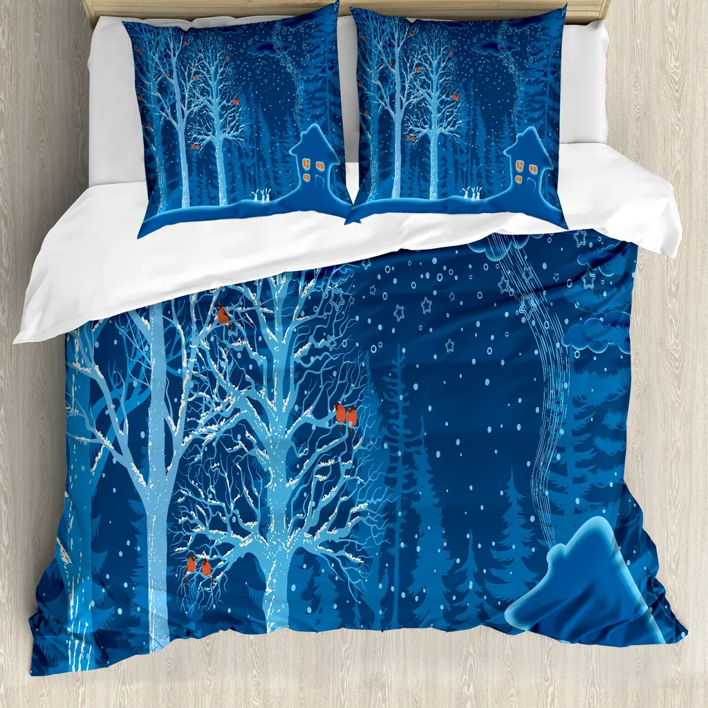 ABAKUHAUS Copripiumino Wald, paesaggio invernale con finestre, antiacaro, adatto a chi soffre di allergie, con federe, 155 cm x 220 cm - 80 x 80 cm, arancione viola blu