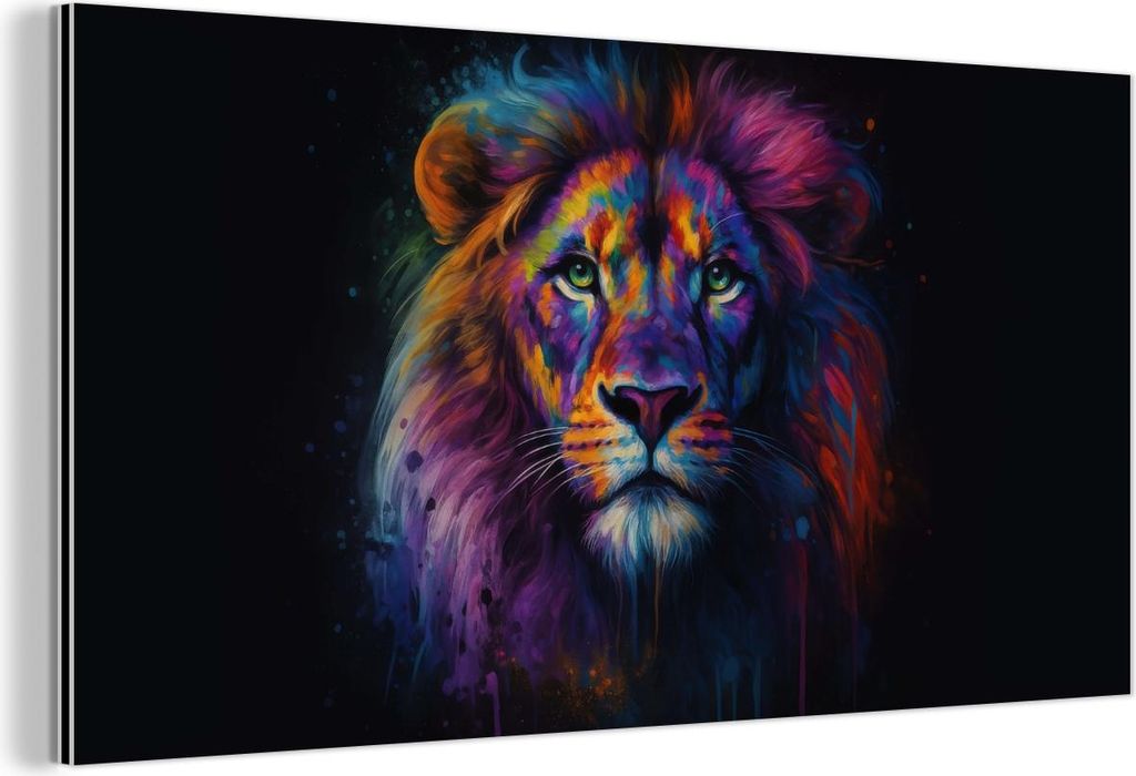 MuchoWow Wanddekoration Metall Metallbild Wandkunst 120x60 cm Löwenkopf - Leuchtend bunt - Abstrakt MuchoWow Aluminium Gemälde - Metalbilder