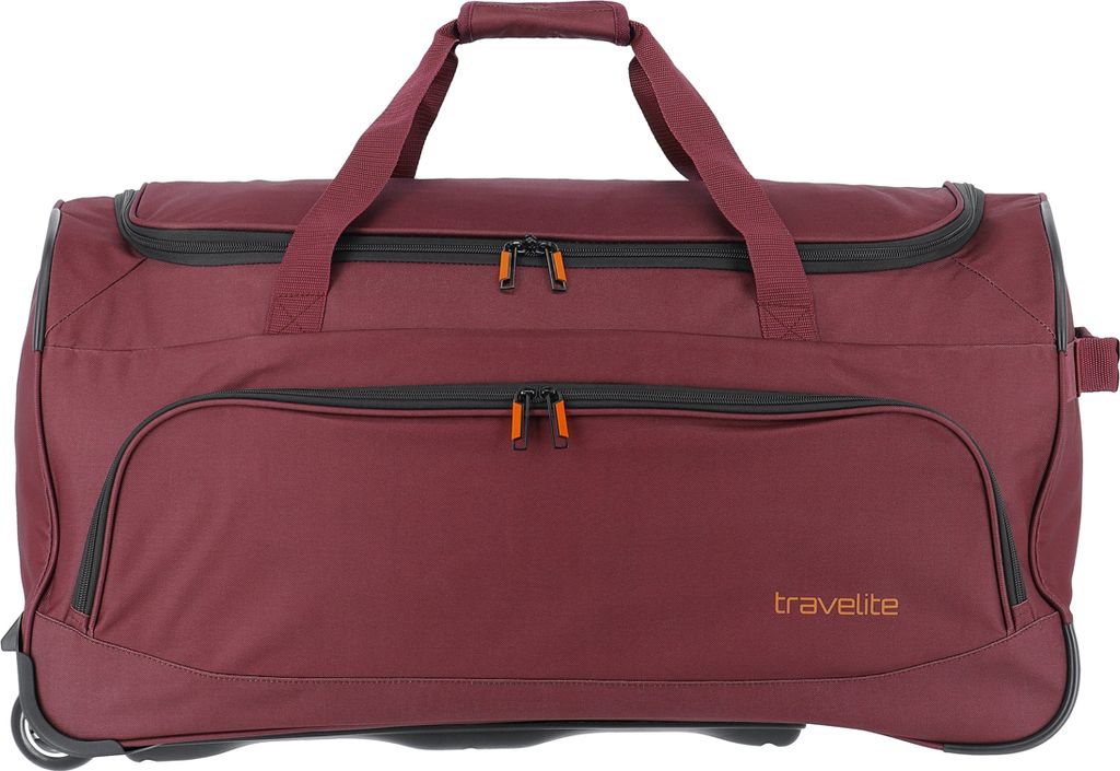A maroon Travelite trolley bag is shown against a white background.
