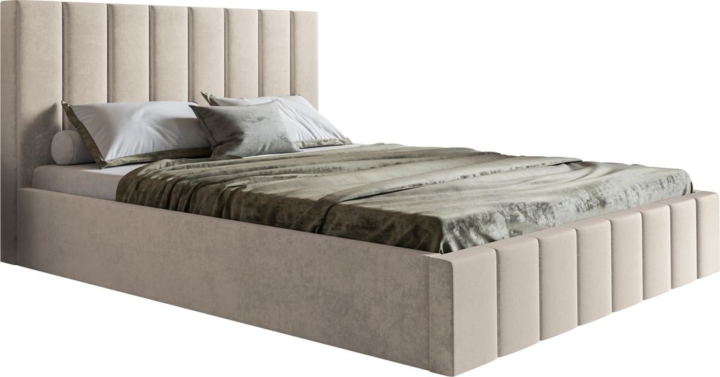 A beige upholstered bed with a fluted headboard and footboard, shown from a side angle against a white background.