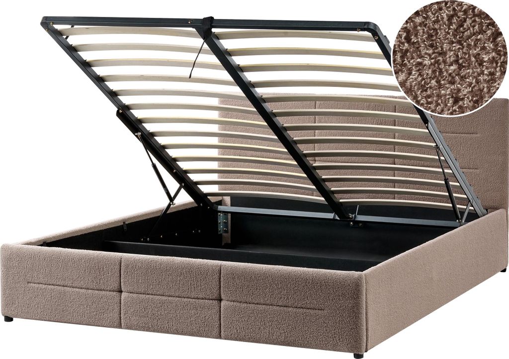 BELIANI Bett Taupe Bouclé Gesteppt mit Bettkasten Lattenrost 160x200 cm Hochklappbar Hohes Kopfteil Modern Stauraumbett Doppelbett Polsterbett