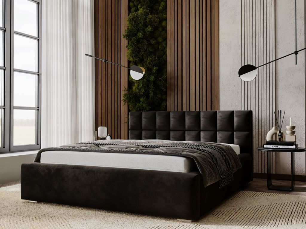 GrainGold Polsterbett Hugo 120x200 cm - Bett 120x200, Polsterbett mit Bettkasten - Doppelbett mit Lattenrost - Schwarz (Amor Velvet 4322)