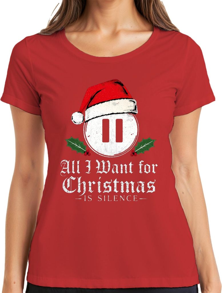 All I Want for Christmas is Silence introvert Santa hat holly Damen T-Shirt, Rot, M