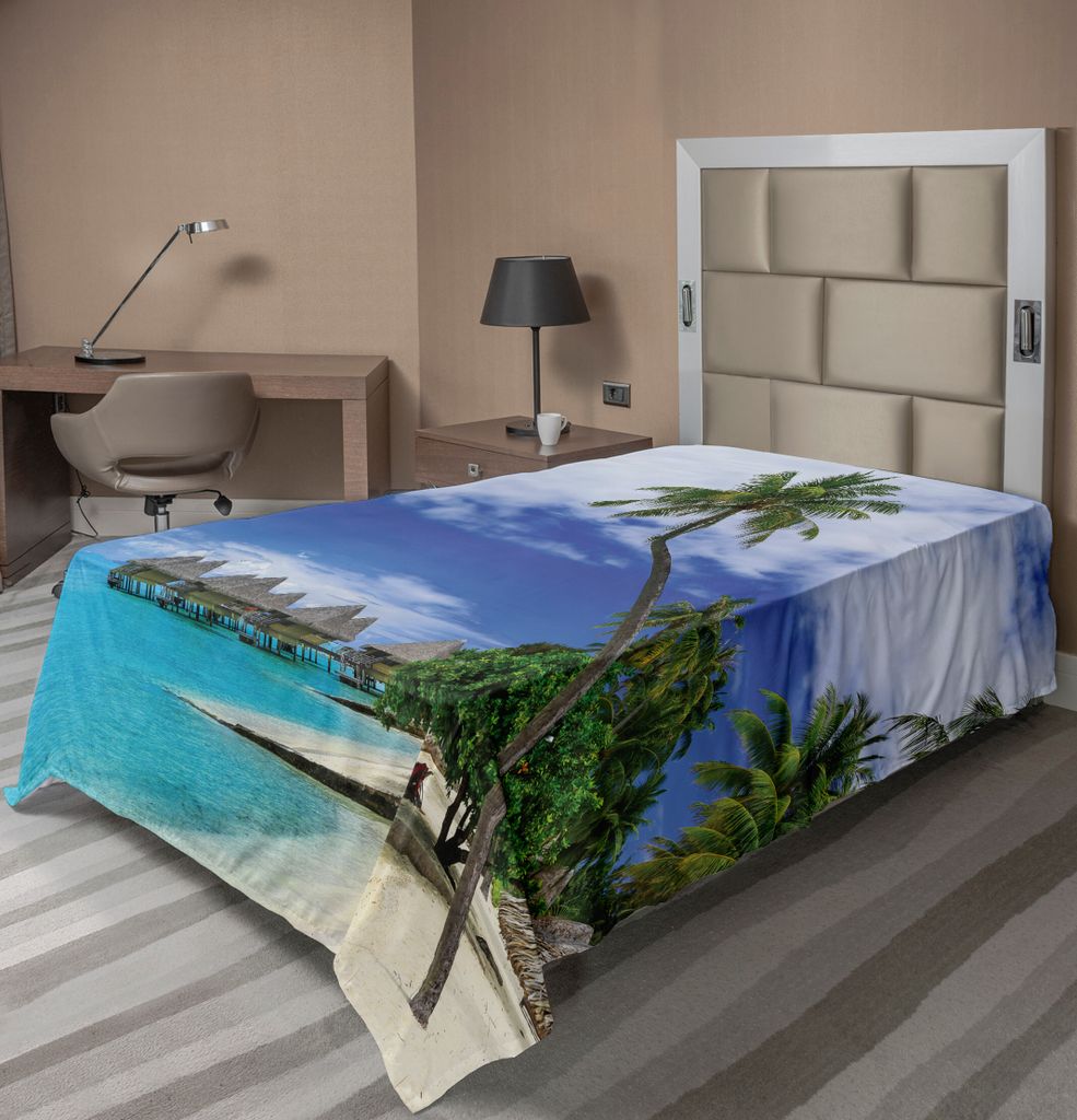 ABAKUHAUS Tropisch Bettlaken, Wasser Bungalows Tropischem Erholungsort Bora Island Pacific Ozean Panorama, weiches bequemes oberes Bettlaken für e...
