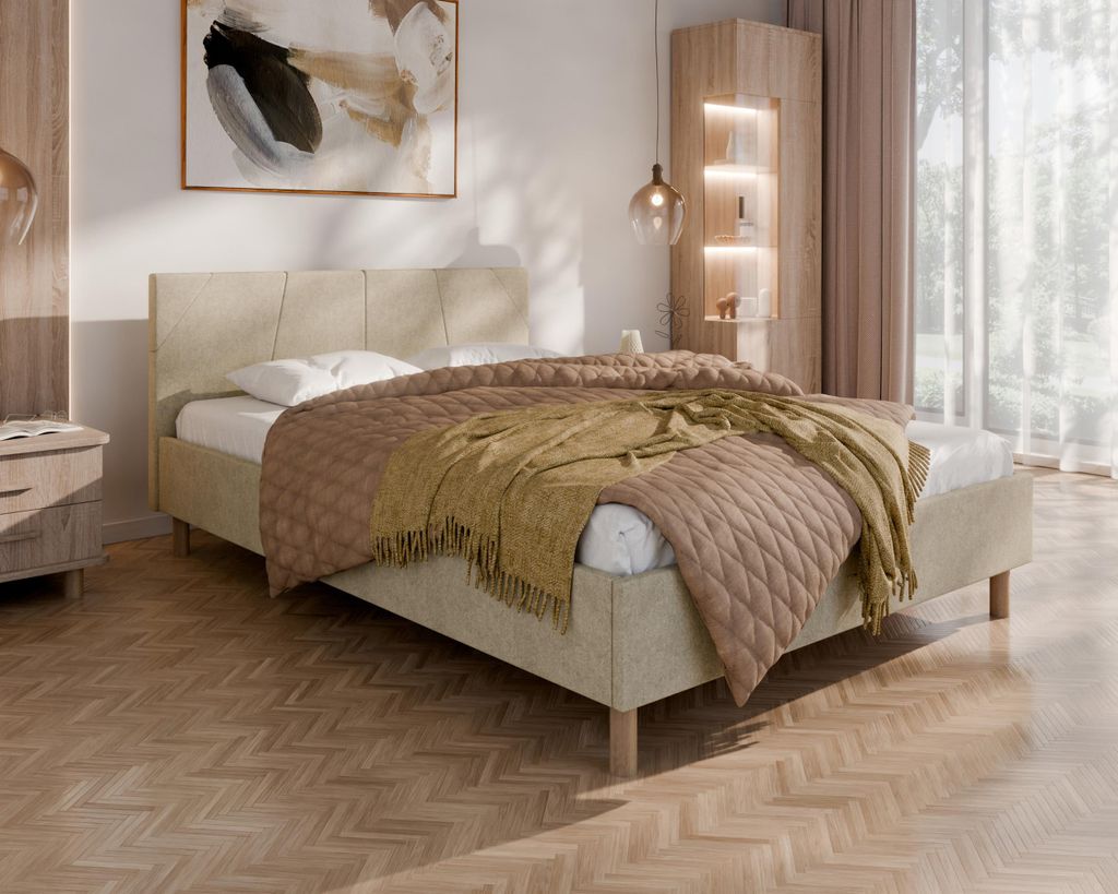 ALMORE Polsterbett – minimalistisches Design, Holzbett auf Füßen | Taschenfederkernmatratze