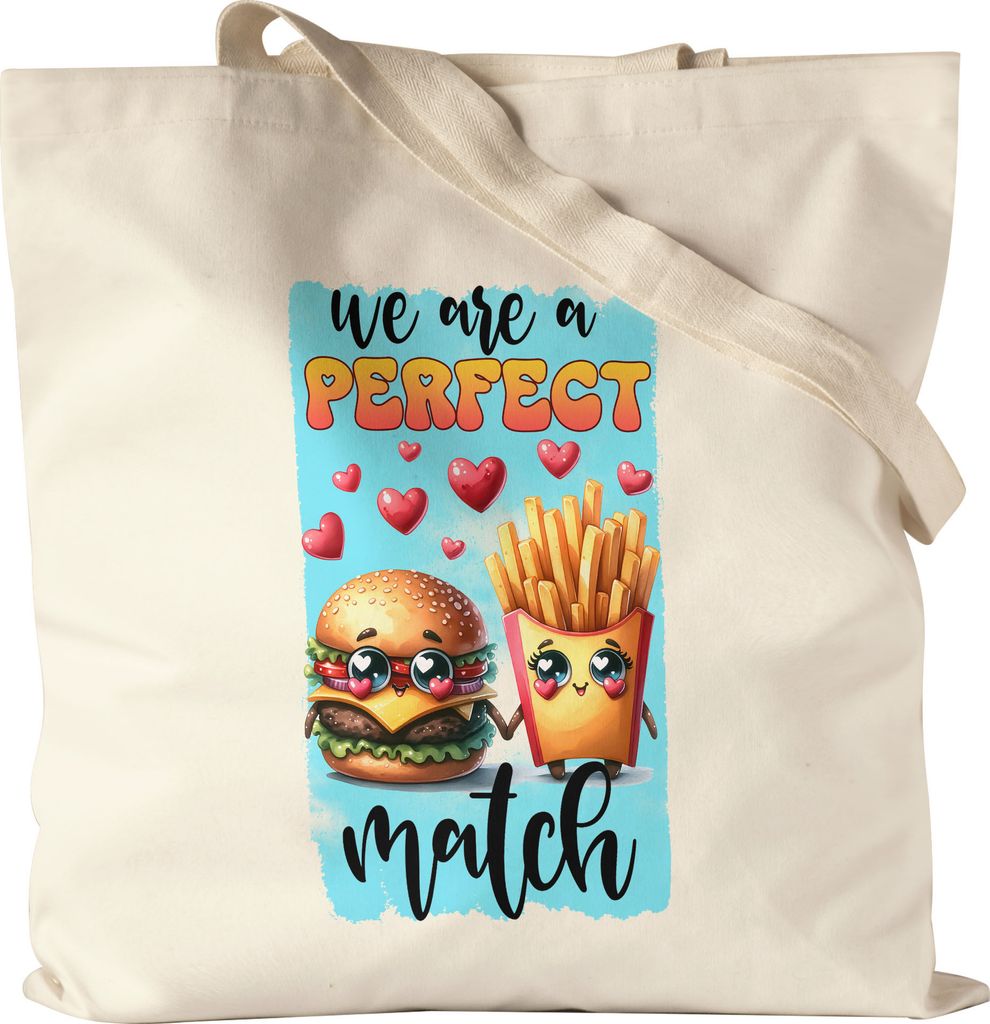 We Are a Perfect Match Jutebeutel Burger Pommes Liebe Humor Geschenkidee
