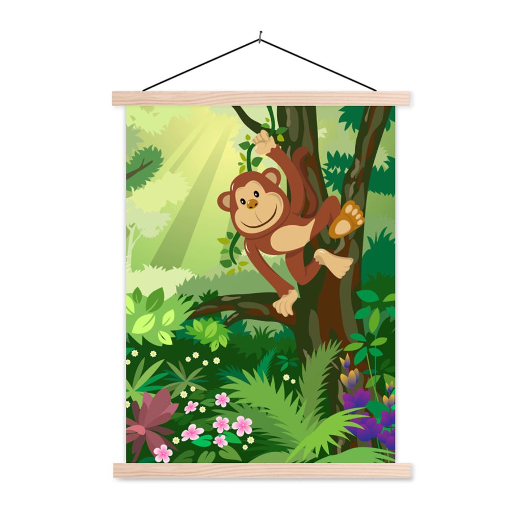 MuchoWow Textilposter Affe - Dschungel - Jungen - Mädchen - Blumen - Kinder 40x53 cm mit holzfarbenen Rahmen - Schlafzimmer