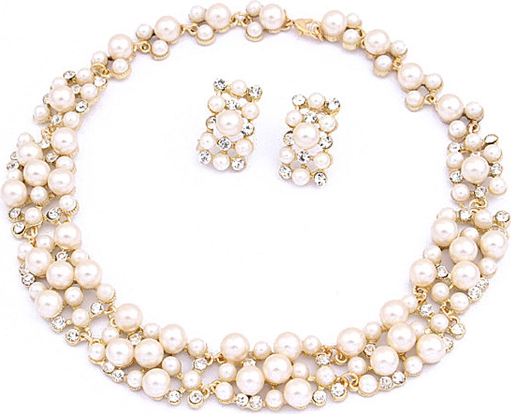 2-teiliges Damen-Schmuckset mit Kunstperle und Strass-Intarsien für Halskette und Ohrringe-Weiß