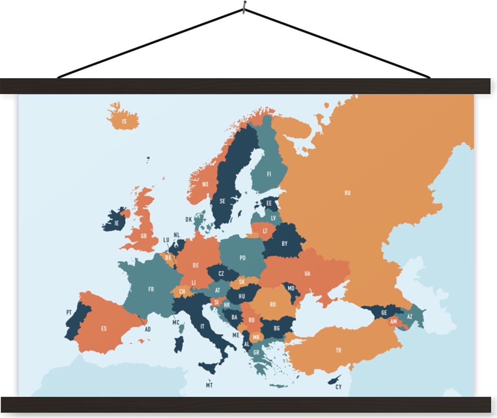 MuchoWow Textilposter Karte - Europa - Orange 120x80 cm mit schwarzem Rahmen - Wanddeko