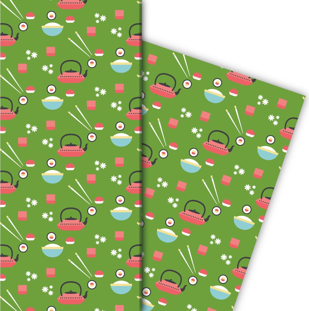 Japanisches Geschenkpapier mit Sushi in grün - G6431, 32 x 48cm