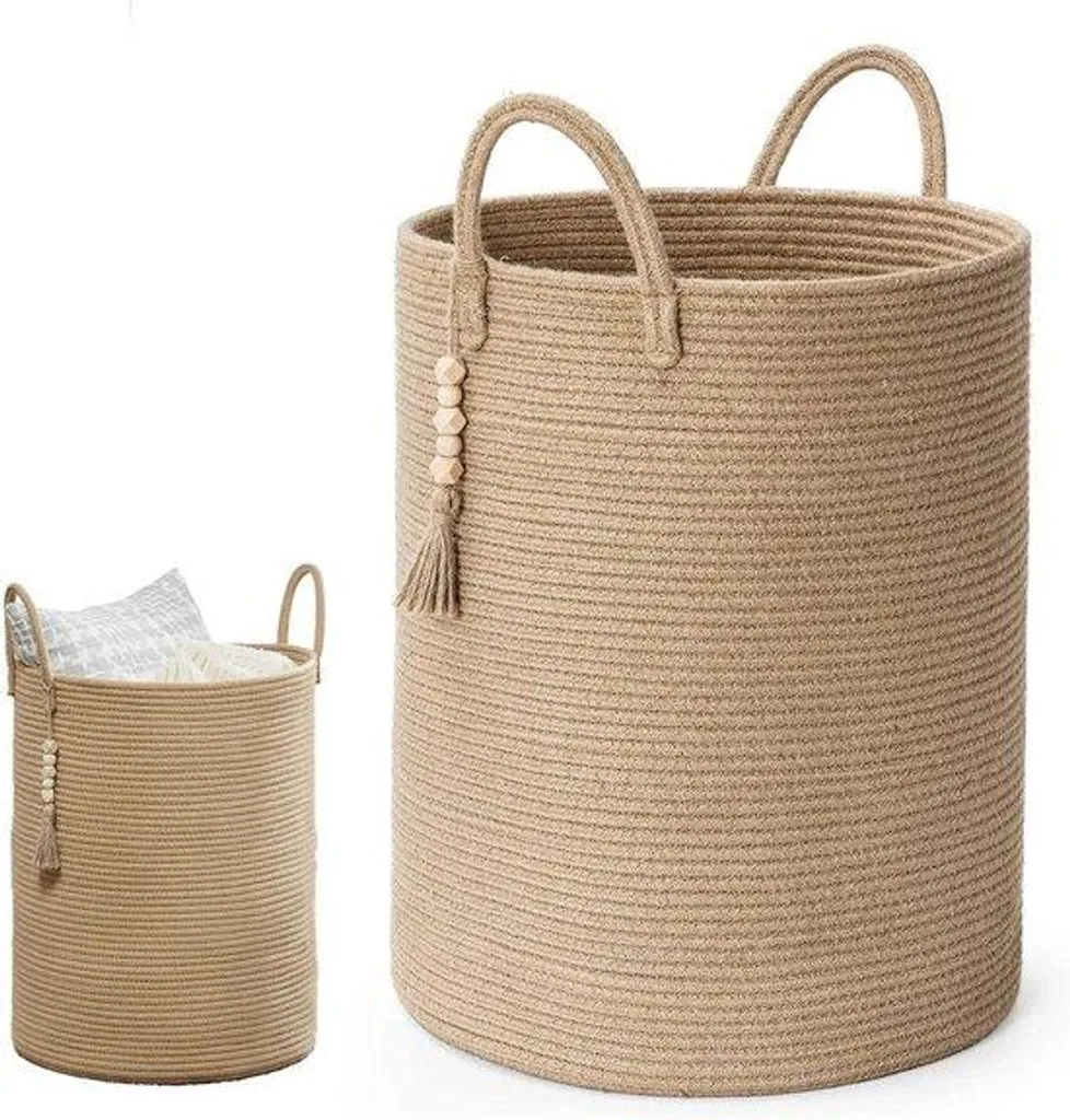 Panier en jonc de mer style bohème 60L - Rangement rond 40 x 50 cm
