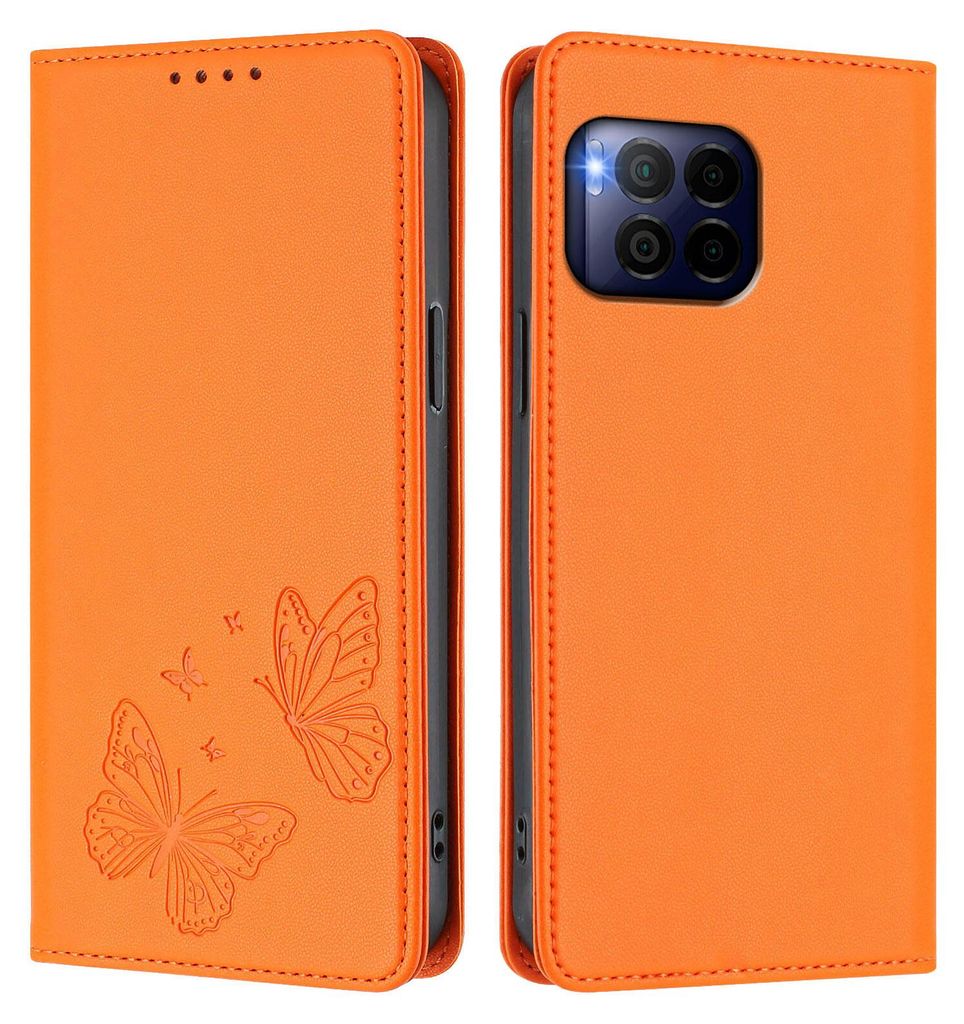 Lederhülle für T-Mobile REVVL 7 Pro, Schmetterling Prägung Leder Brieftasche Schutzhülle mit Ständer Orange