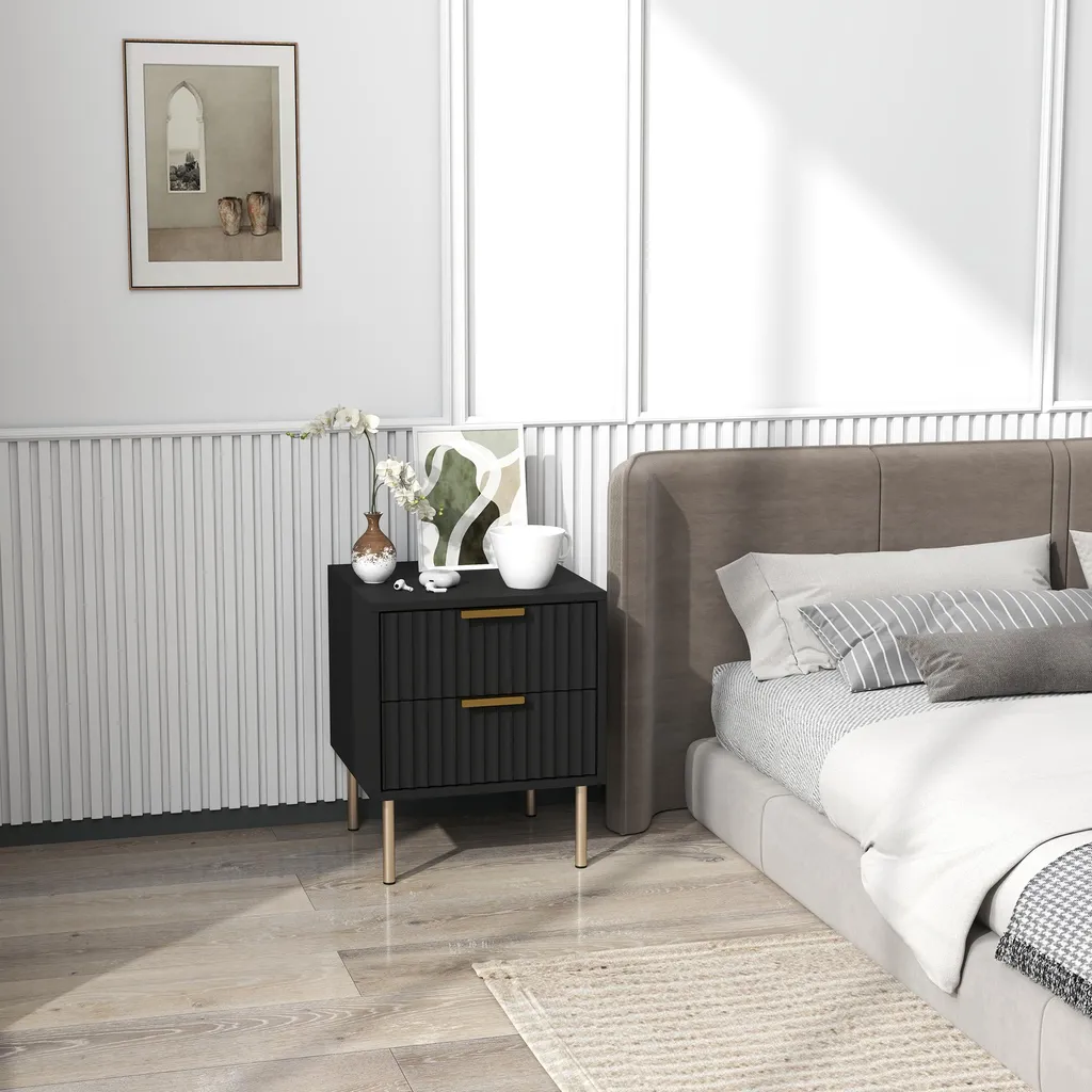 Table de nuit noire design cannelé, meuble de rangement 2 tiroirs chic