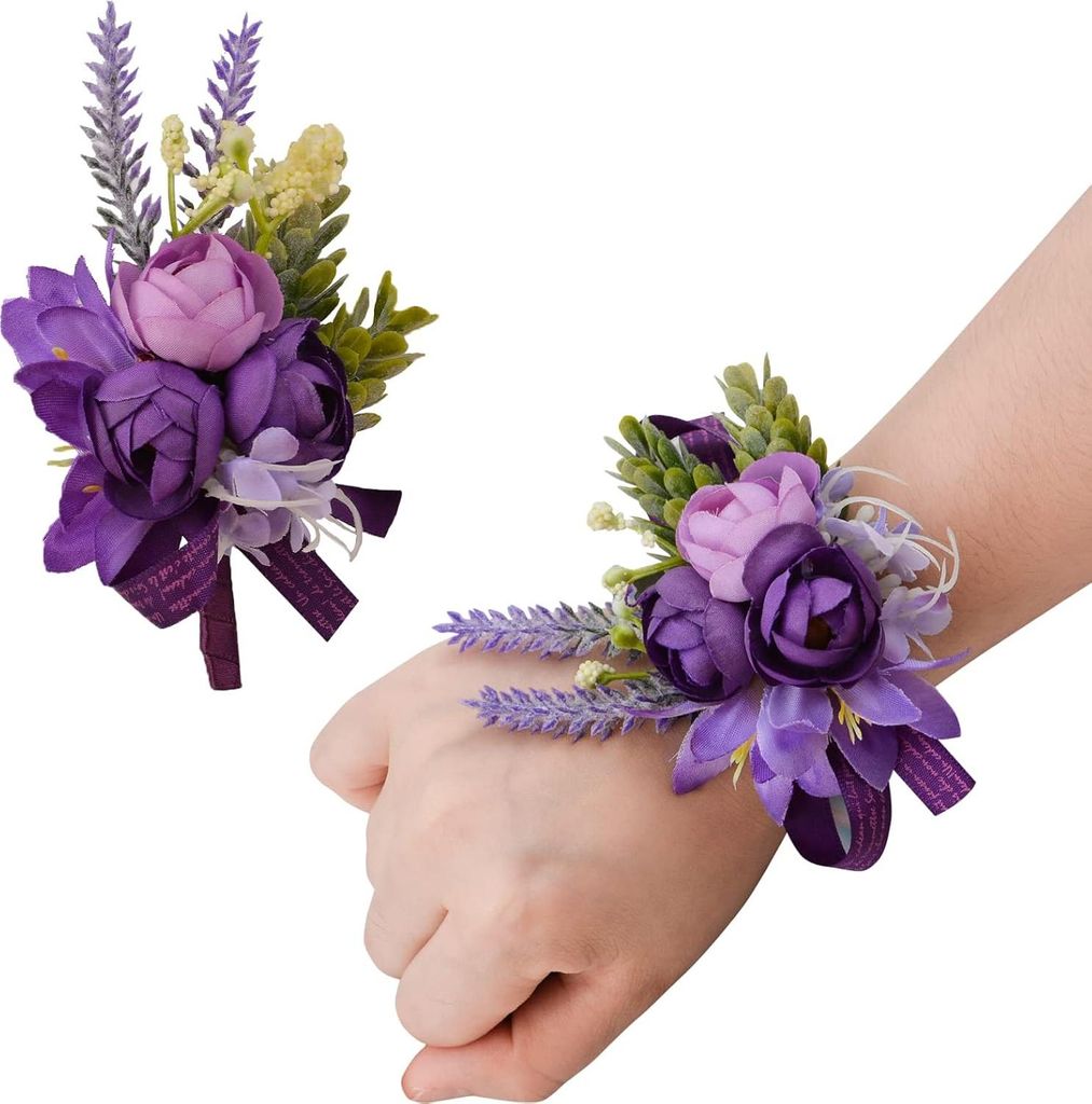 Kleine Rosa Lila Handgelenk Corsage und Boutonniere Set für Abschlussball und Hochzeit - Künstliche Handblume für Festliche Anlässe