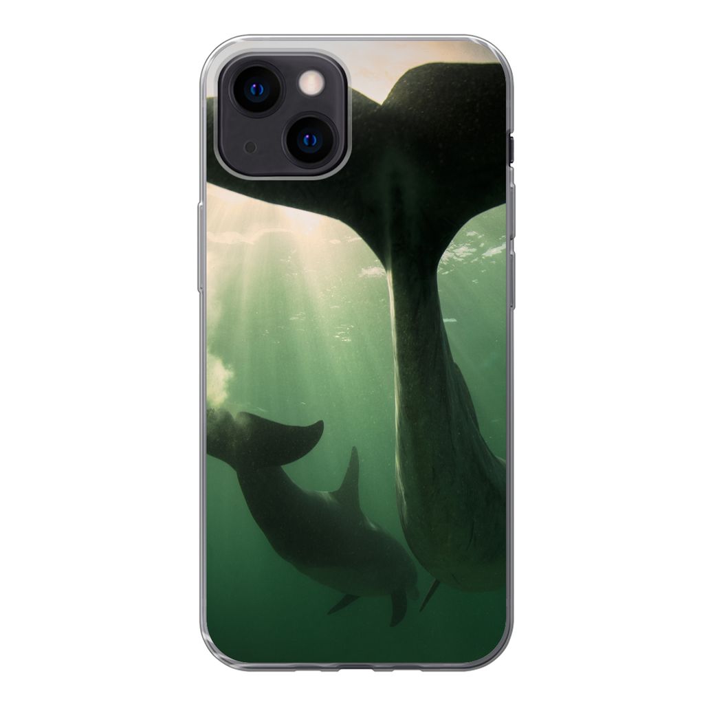 MuchoWow Handyhülle Schutzhülle Hülle für iPhone 13 mini Delfin - Wasser - Blau Silikon Softcase Handy Hülle - Softcase