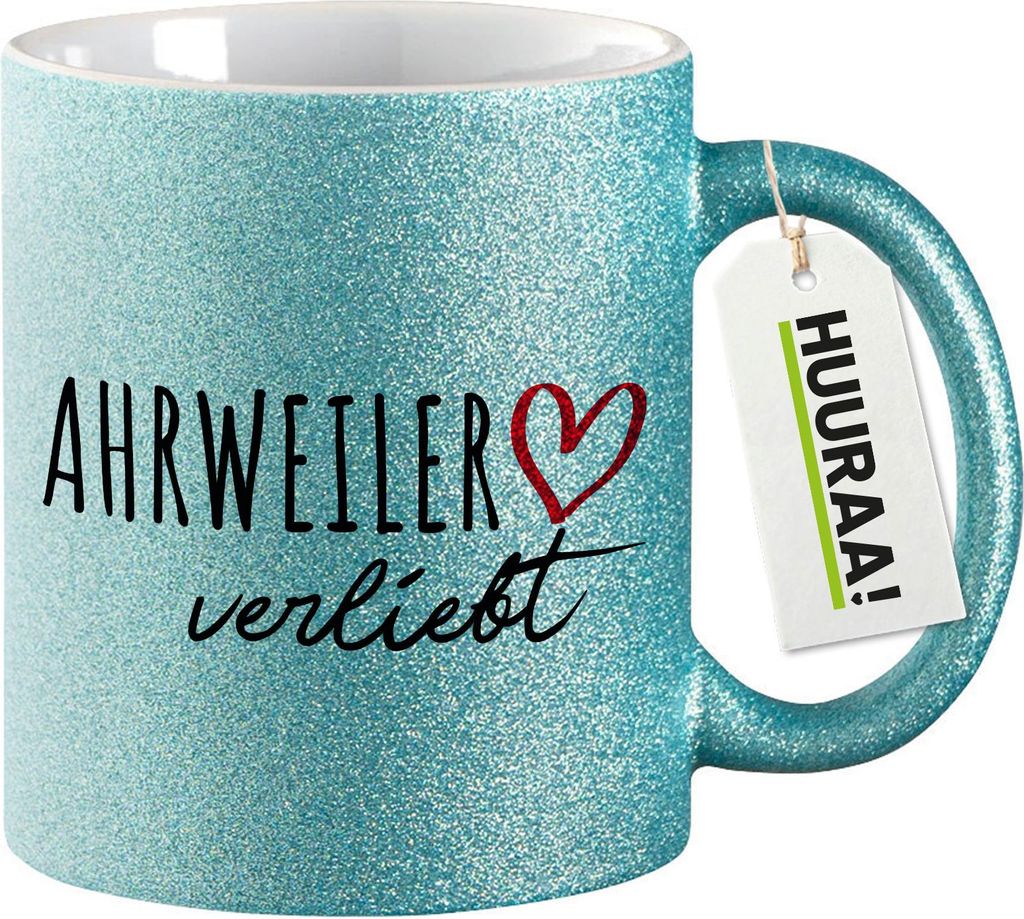 Huuraa Glitzertasse Ahrweiler verliebt 330ml Blau Keramik Kaffeebecher Geschenkidee