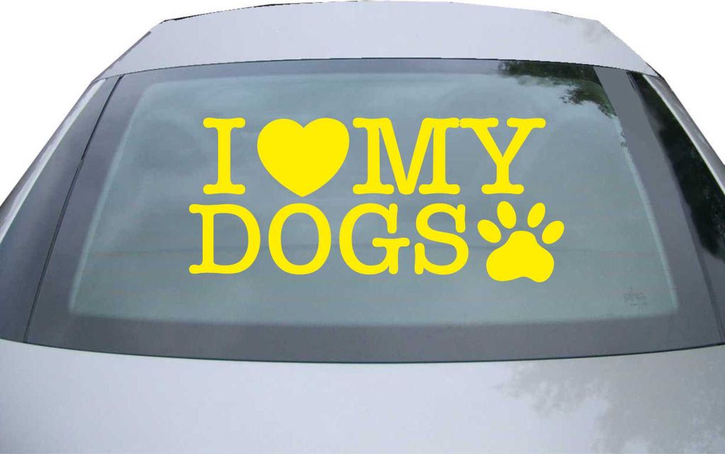 Indigos UG - Aufkleber Heckscheibe & Motorklappe DE2509 - gelb - 600x285 mm - I love my dogs - Auto Scheiben Fenster Heckklappe Tuning Racing JDM -...