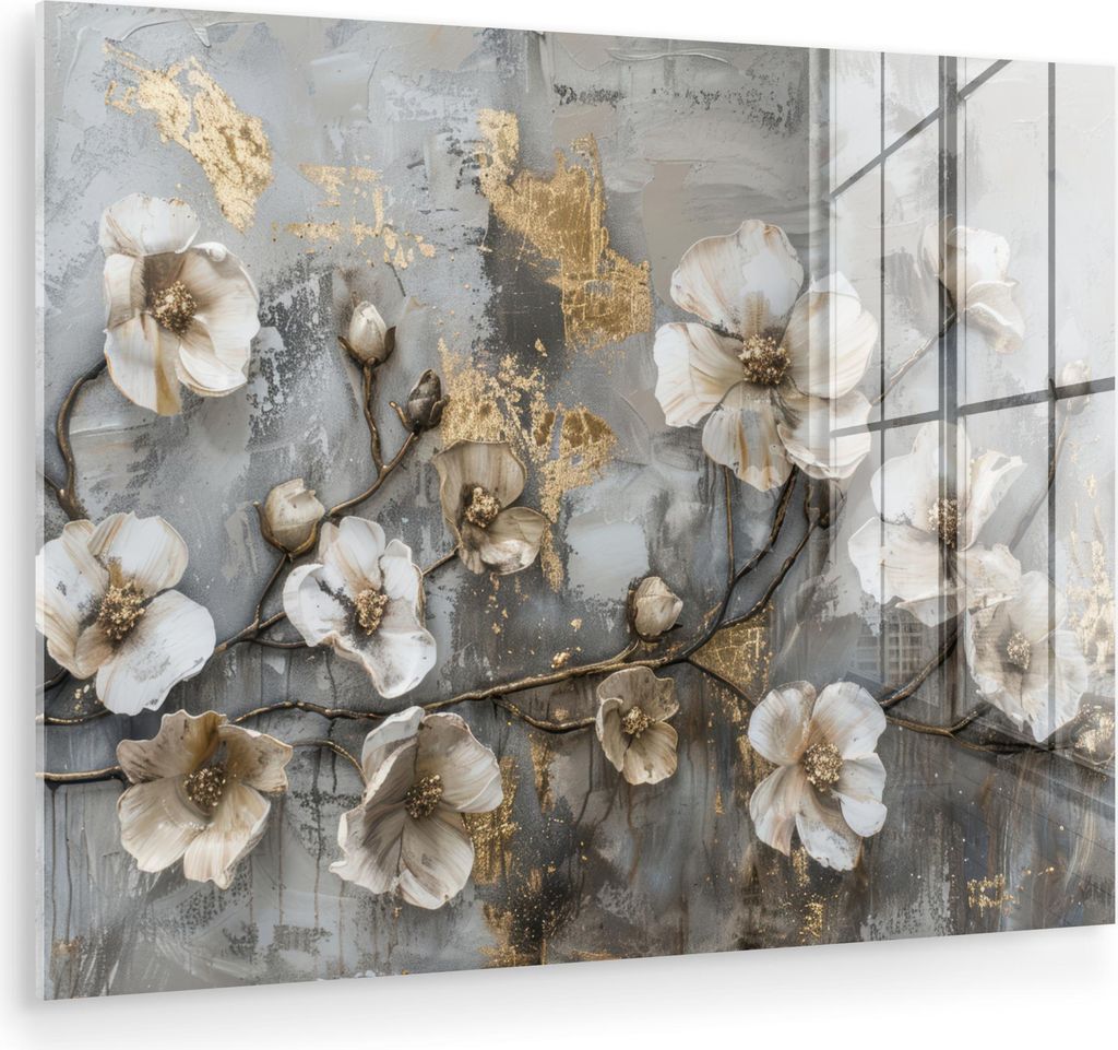 MuchoWow Glasbilder - Bilder auf Wandbild - Foto auf Glas Blumen - Weiß - Grau - Gold - Luxus 40x30 cm Wanddekoration aus Glas - Acrylglasbild - A...