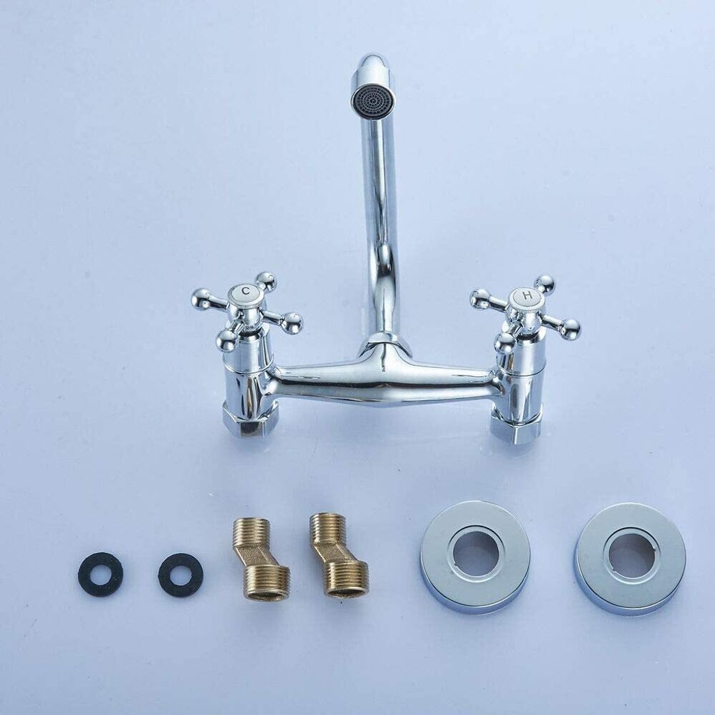 A chrome-finished faucet with two handles and a U-shaped spout, along with some accessories, is displayed against a white background.