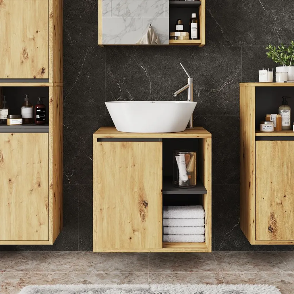 Meuble sous lavabo Viola avec étagères ouvertes bois Artisan et gris - 3