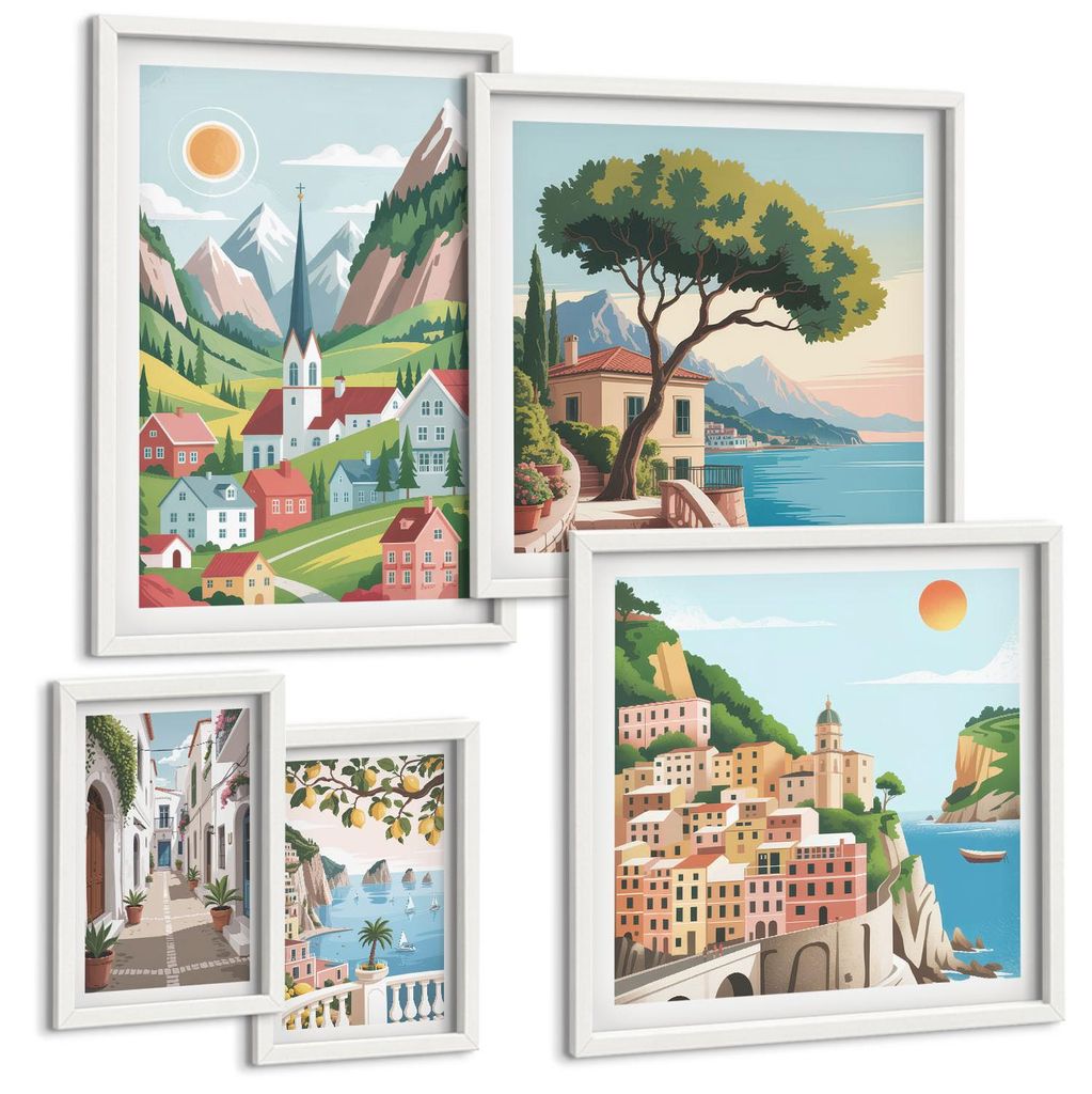 Bilder Set 5-teilig im Goldrahmen Rahmen – Wandbilder 5 Stück – gerahmte Poster für Wohnzimmer, Schlafzimmer und Flur – 50x50 cm - 40x60 cm...