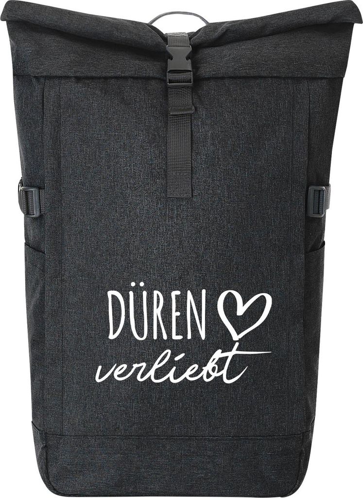 Huuraa Kurierrucksack Düren verliebt 30-44 Liter Black Melange Fairtrade Rolltop Rucksack Geschenkidee
