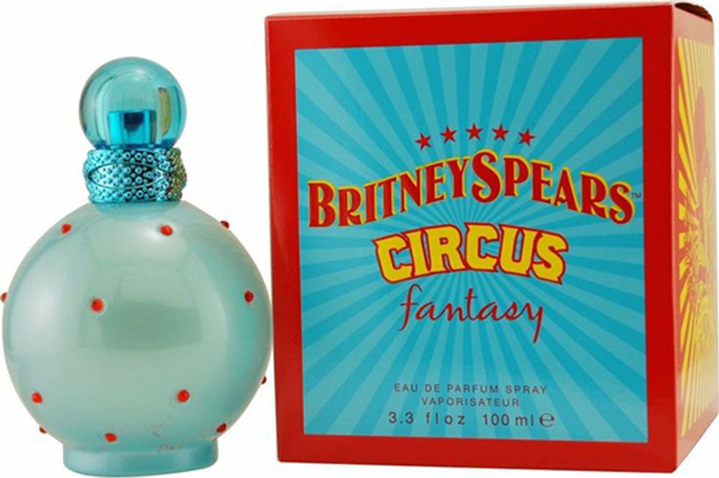 A bottle of Britney Spears Circus Fantasy perfume and its packaging are displayed.