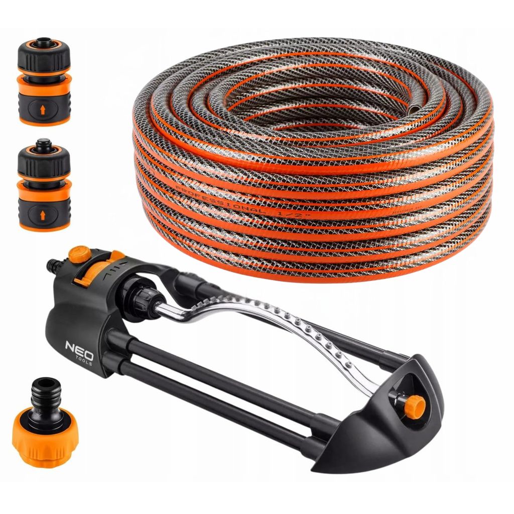 NEO TOOLS 5 tlg. Set: Gartenschlauch Pro (1/2 Zoll, 20 m, 6-lagig, 30 bar) + Oszillierender Sprinkler 14 x 19 m + 3 Stück Anschluss Kit