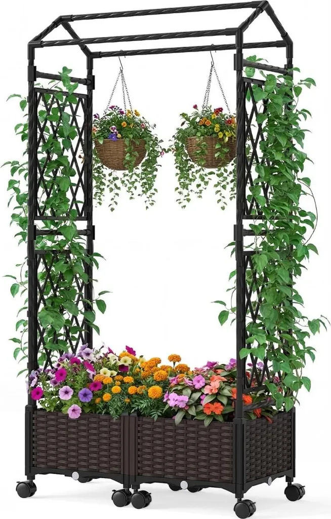 Jardinière surélevée auto-arrosante à roulettes et treillis intégré