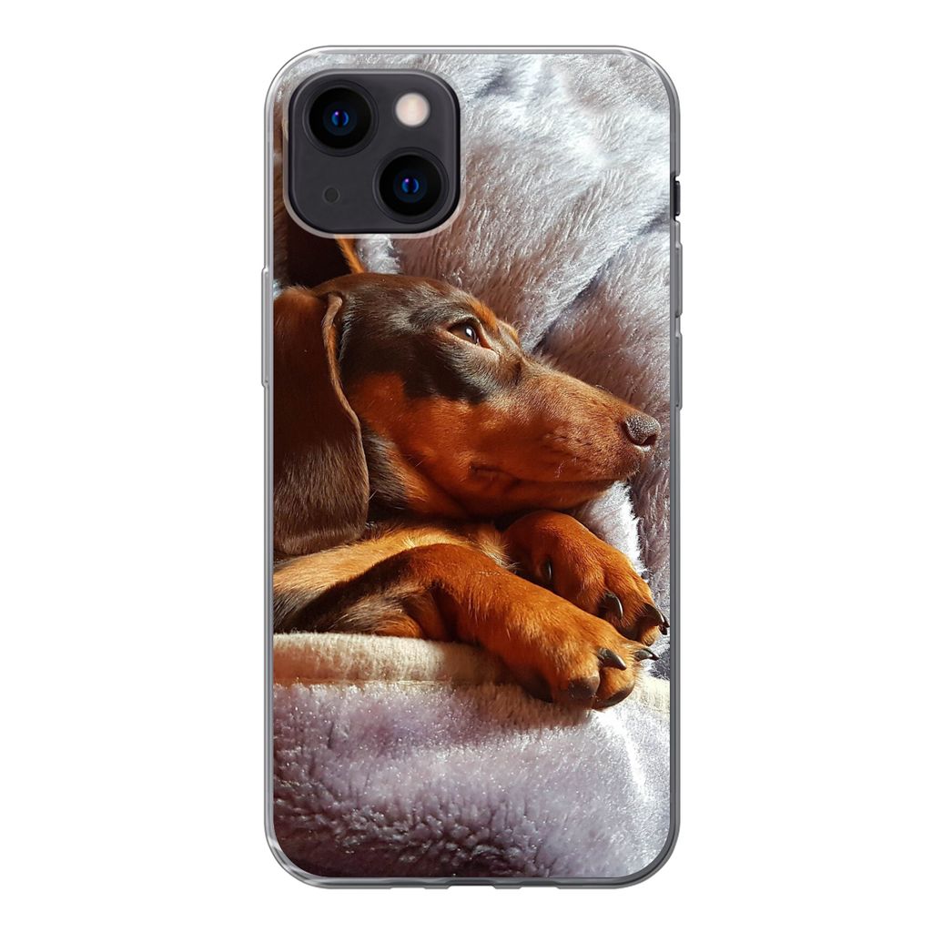 MuchoWow Handyhülle Schutzhülle Hülle für iPhone 13 mini Niedlicher Dackel liegt unter der Bettdecke Silikon Softcase Handy Hülle - Softcase