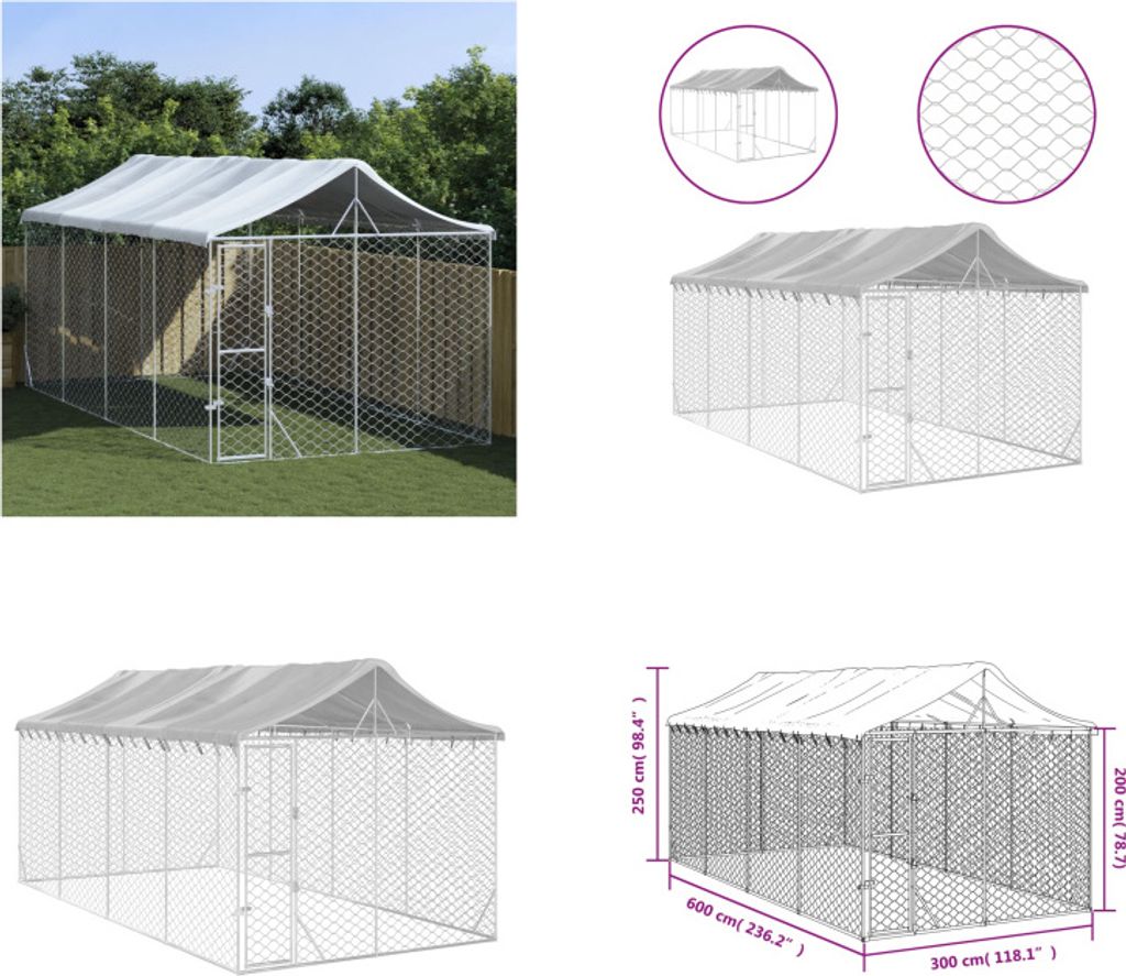 vidaXL Outdoor Hundezwinger mit Dach Silbern 3x6x2,5m Verzinkter Stahl - Outdoor-Hundehütte - Outdoor-Hundezwinger - Hundehütte - Hundekäfig