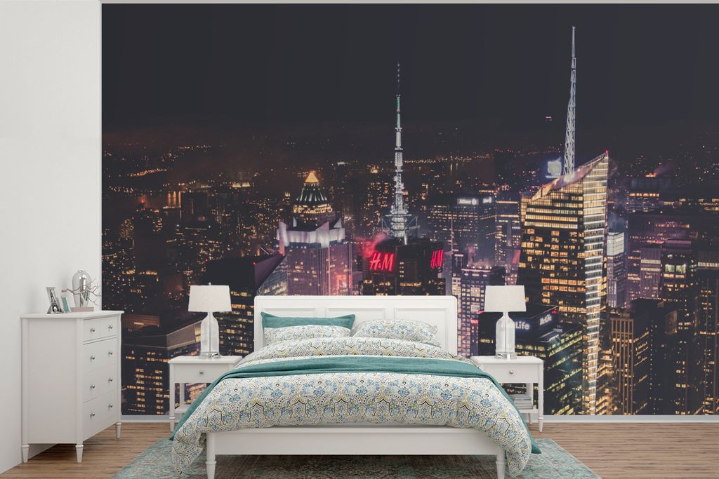 MuchoWow Fototapete für Wohnzimmer oder Schlafzimmer Wandtapete Vinyl Motivtapete New York - Beleuchtung - Logo - 330x220 cm - Fototapeten